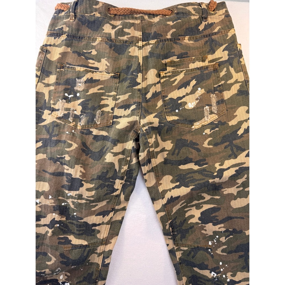 OH Jeans XL Camo Cargo Pants Distressed Paint Splatter Rope Belt Y2K Streetwear - Picture 3 of 9